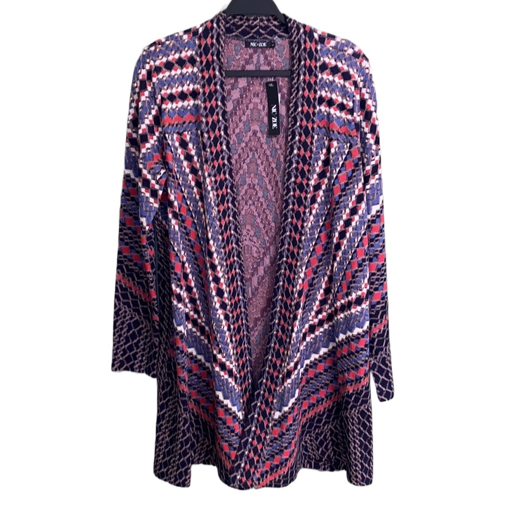 NWT Nic+Zoe Long Tunic Open Cotton Knit Cardigan, Tribal, Aztec, Boho, Geometric
